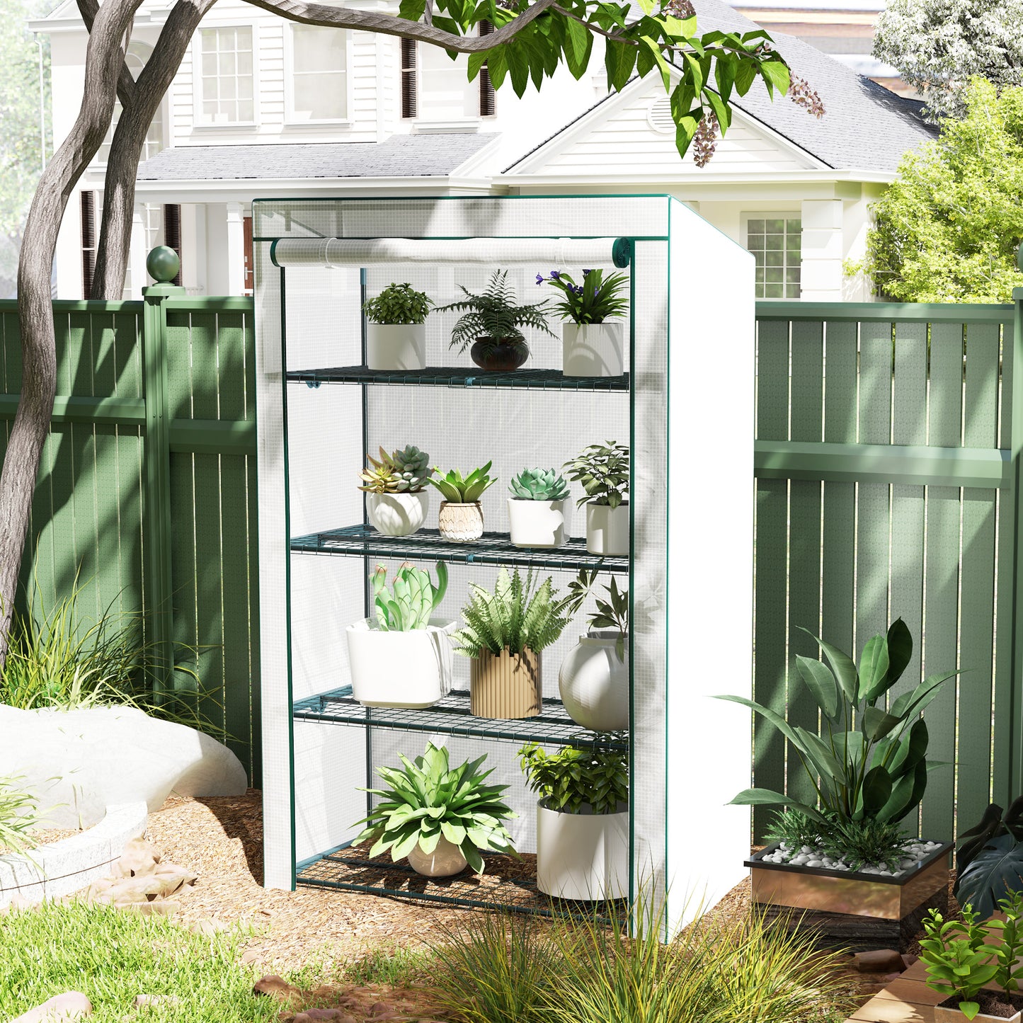 Outsunny 4 Tier Lean-to Mini Greenhouse, Reinforced PE Cover, Roll-Up Door, Green