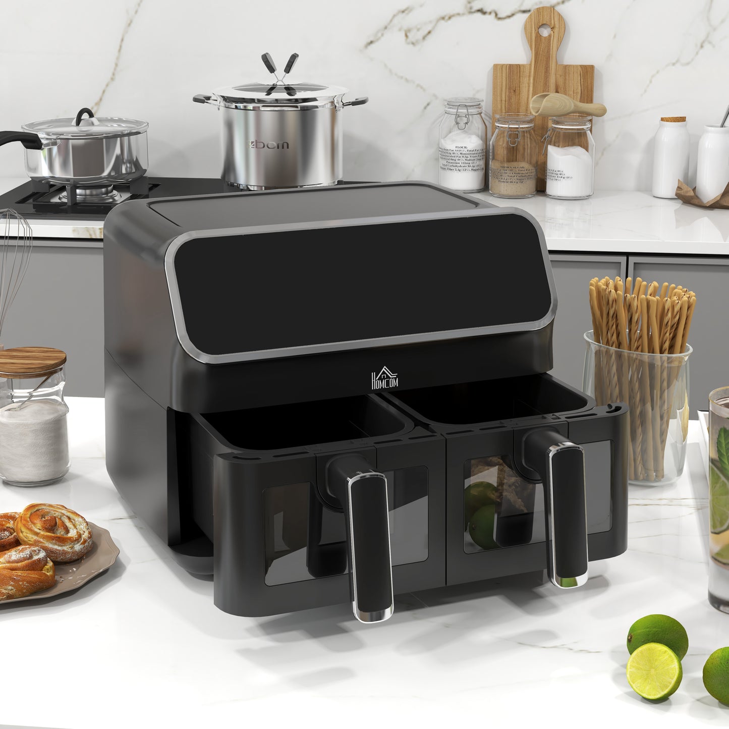 HOMCOM 8L Dual Basket Air Fryer, 80-200℃, with Sync Function - Black/Silver
