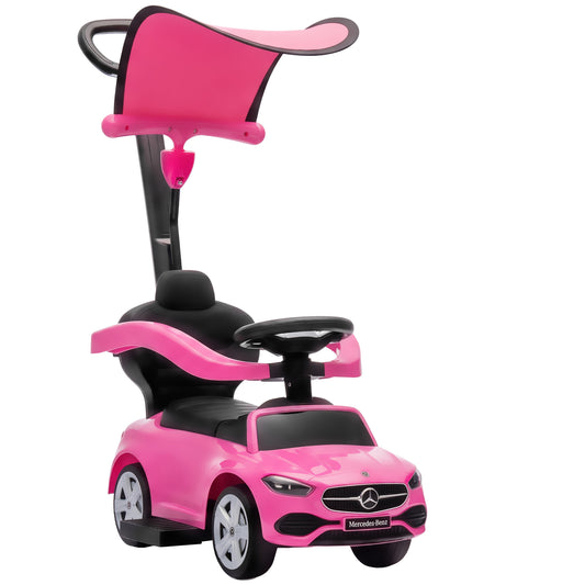 AIYAPLAY 4 in 1 Licensed Benz Ride on Push Car with Handle, Canopy, Guardrails, Horn, Music, Storage for 12-36 Months, Pink