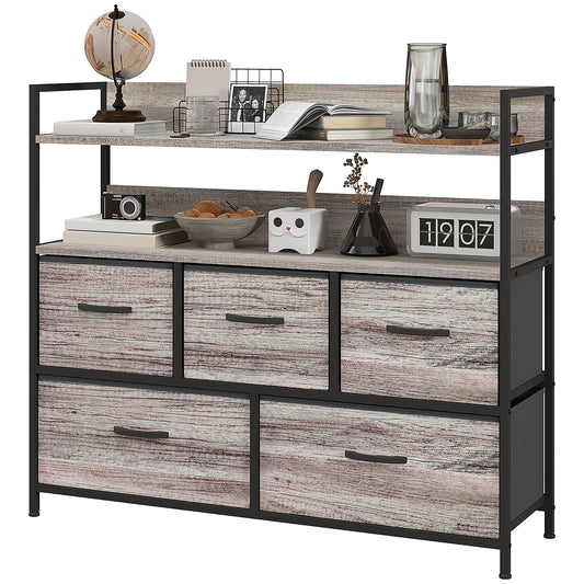 HOMCOM Rustic Chest of Five Fabric Drawers - Grey Wood Effect