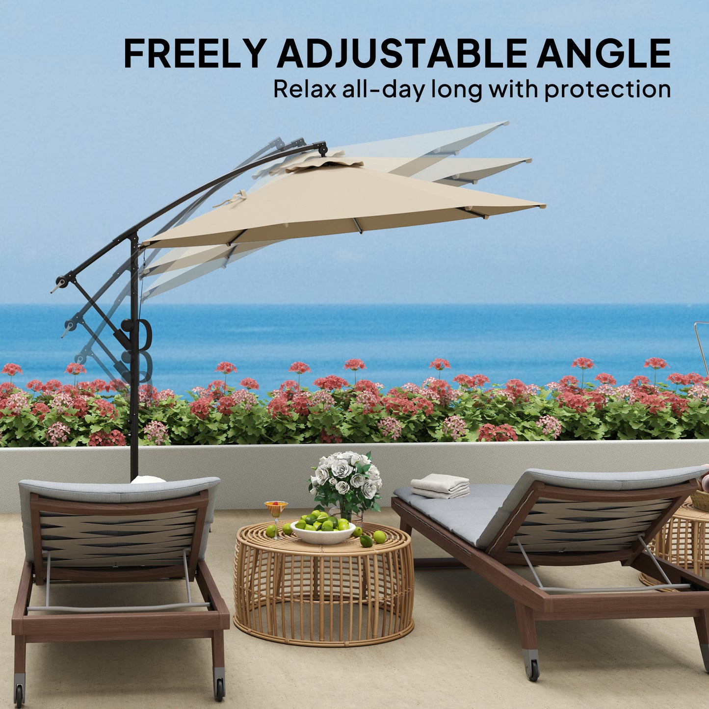 Outsunny Garden Cantilever Parasol with Cover & Strap, Round Umbrella with Crank & Tilt, UPF50+ Banana Patio Shade, Khaki