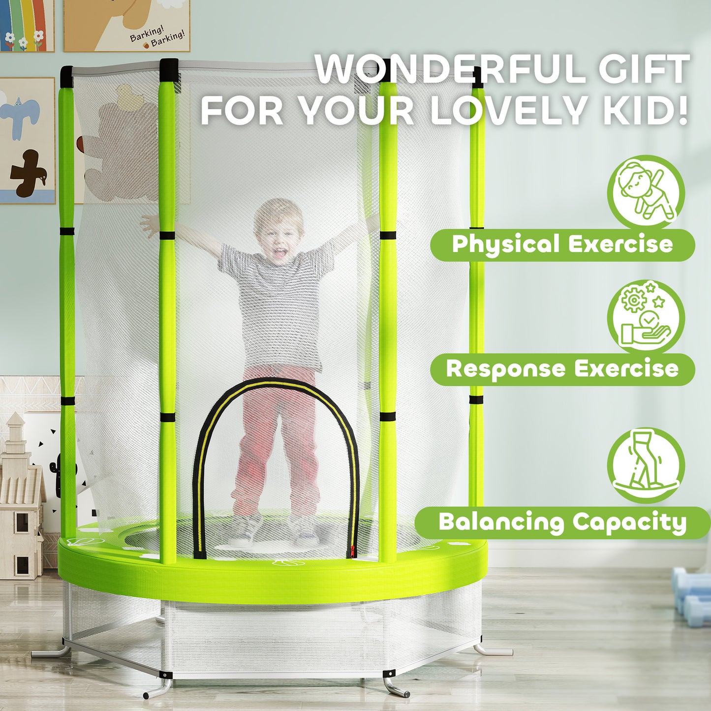 AIYAPLAY 4.6FT Toddler Trampoline w/ Safety Enclosure Net, for Indoor Outdoor Use, Ages 3-6 Years, Cloud Pattern - Green