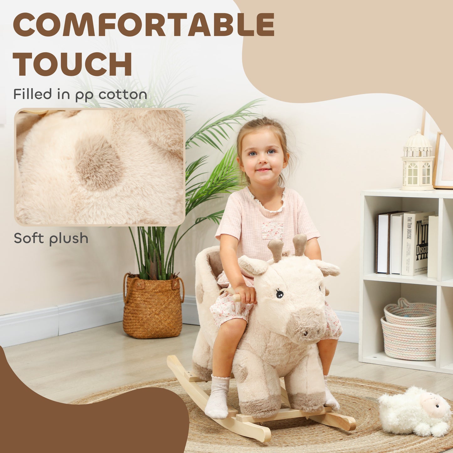 AIYAPLAY Rocking Horse, Stable Plush Ride on Horse Giraffe Design with Music, Security Belt, Baby Toy Rocker for 1-3 Years, Beige