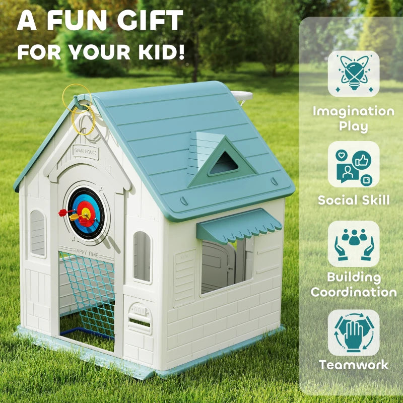AIYAPLAY 5-in-1 Playhouse for Kids Outdoor Indoor with Basketball Hoop, Football Goal, Dartboard, Ring Toss for 2-5 Years