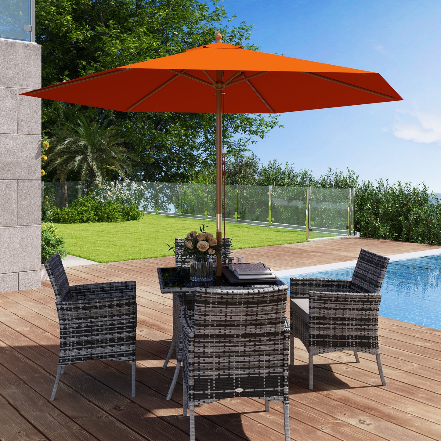 Outsunny 2.5m Wood Garden Parasol Sun Shade Patio Outdoor Wooden Umbrella Canopy Orange
