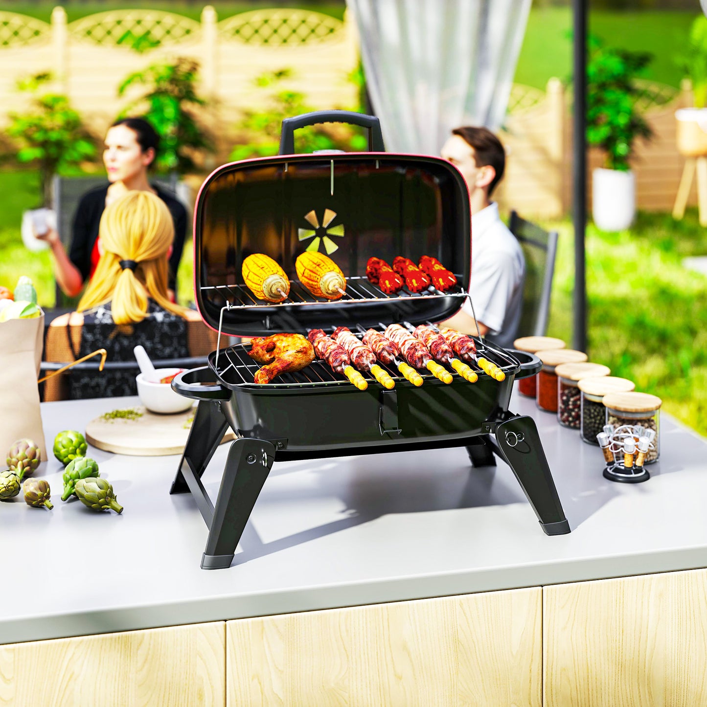 Outsunny Charcoal Barbecue Grill Folding BBQ Grill with 1232 cm² Cooking Area, Adjustable Vent, Thermometer, Handles for Camping Picnic, Red