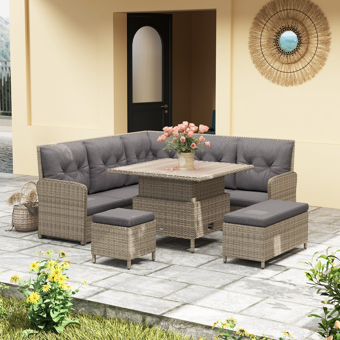 Outsunny 6-Piece Rattan Garden Furniture Set, Patio Corner Sofa w/ Cushions & Liftable Coffee Table, Grey