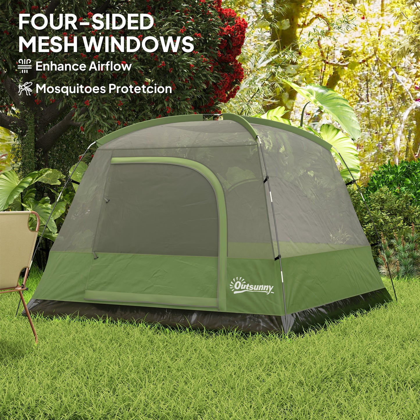 Outsunny 3-4 Person Camping Tent, Easy Set Up, Waterproof Dome, Sewn-in Groundsheet, Mesh Windows, Pocket & Hook for Camping, Olive Green/Grey
