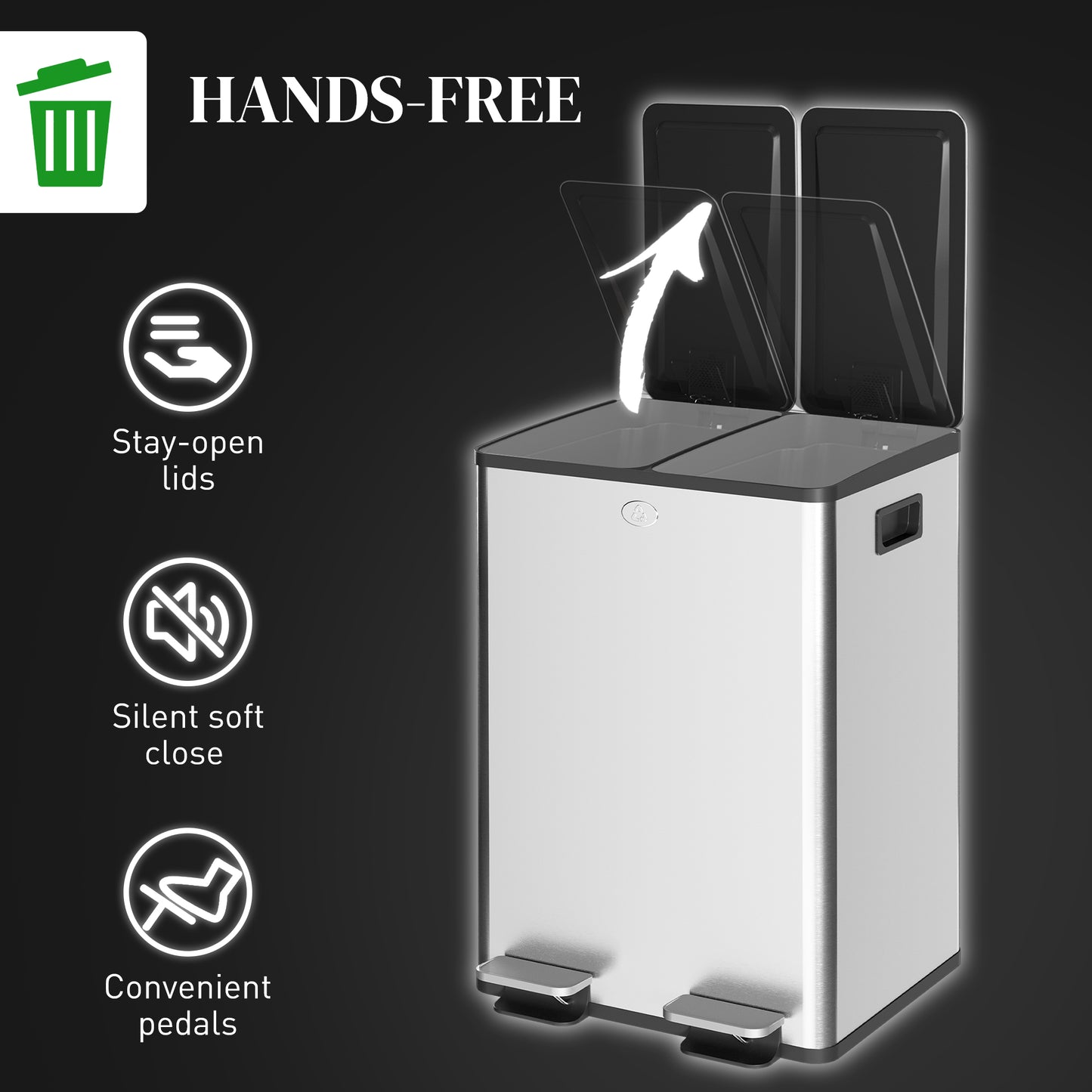 HOMCOM 56L Dual Compartment Stainless Steel Bin, with Deodoriser Holders - Silver Tone
