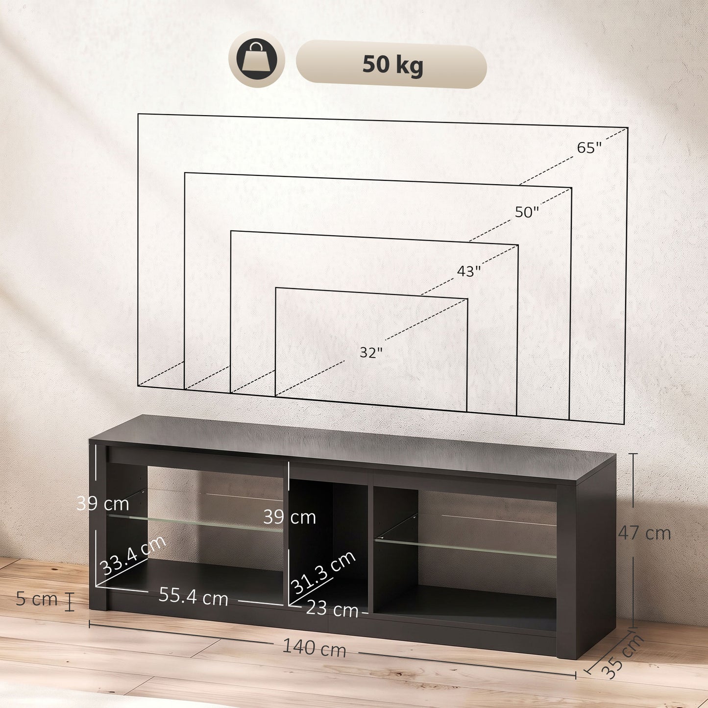 HOMCOM TV Stand Cabinet with LED Lights and Remote Control for TVs up to 65", Entertainment Centre with Storage Shelves, Black