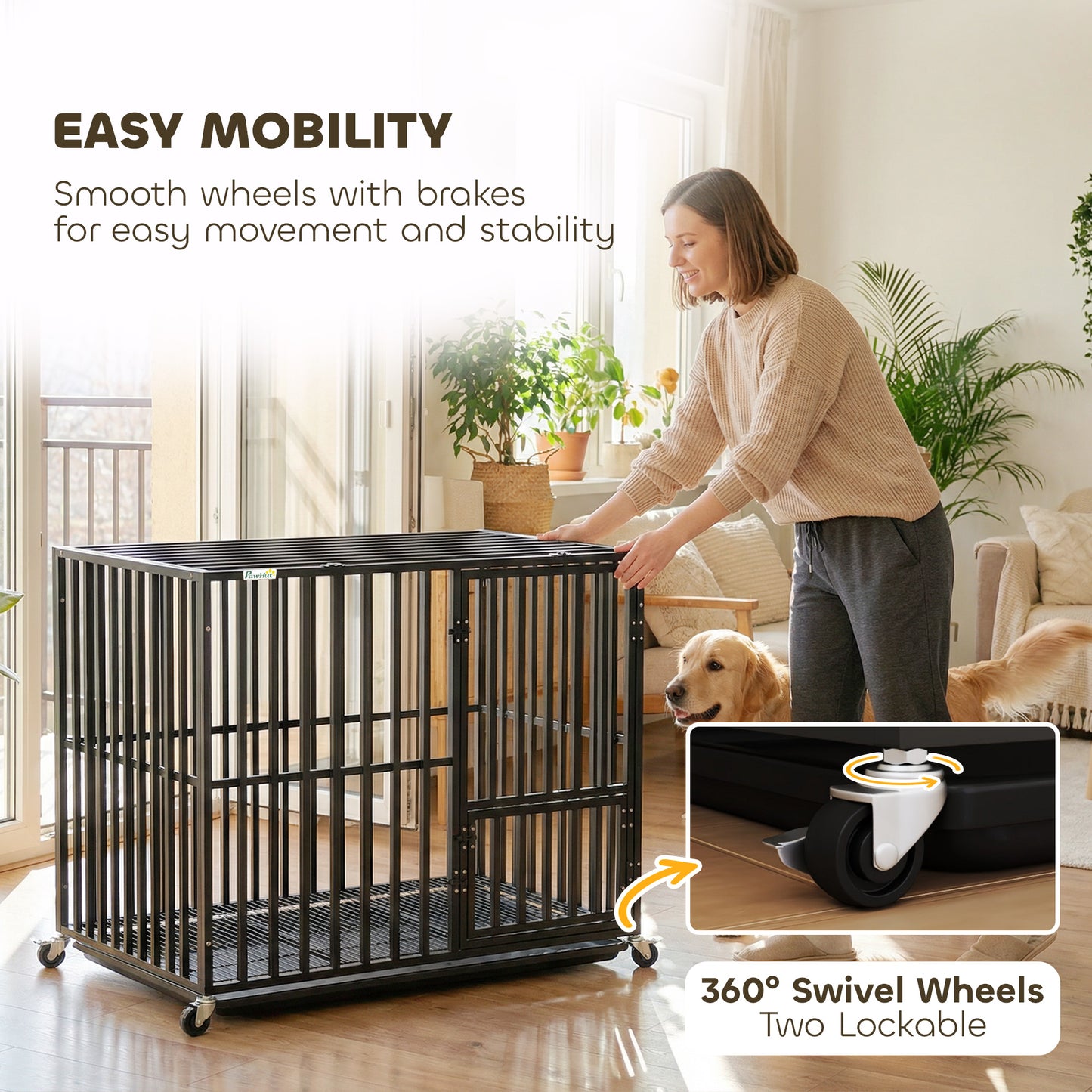 PawHut Heavy Duty Dog Crate, Dog Cage with Wheels for Medium Large Breeds, Metal Pet Kennel with Removable Tray