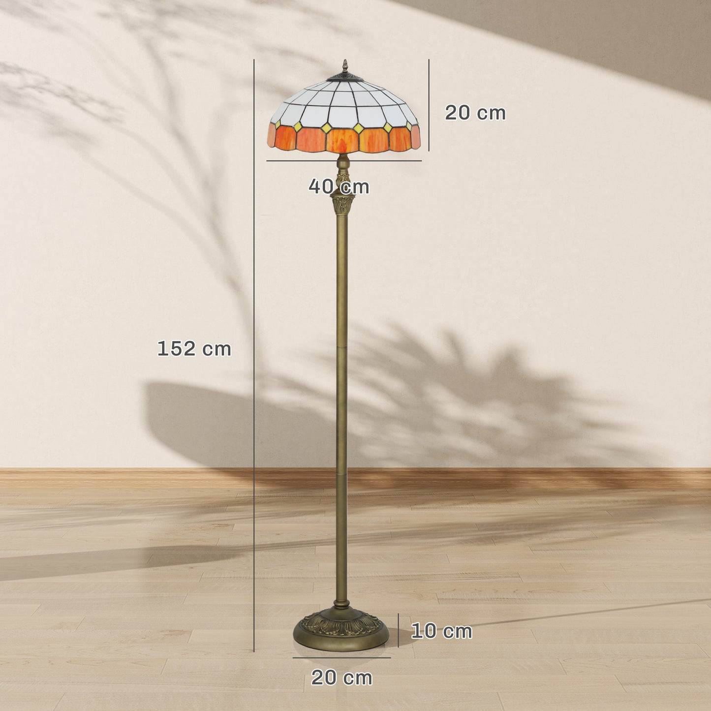 HOMCOM Tiffany-Style Floor Lamp, 152cm Vintage Standing Lamp with Stained Glass Shade, Foot Switch, Dual Sockets, Bronze Tone, Orange