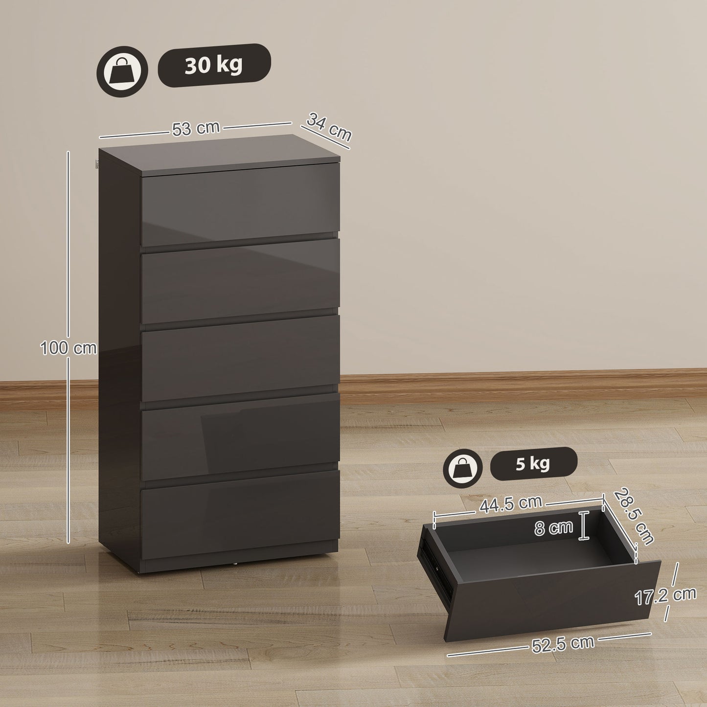 HOMCOM Chest of Drawers, 5-Drawer Cabinets, Modern Dresser, Storage Drawer Unit for Bedroom