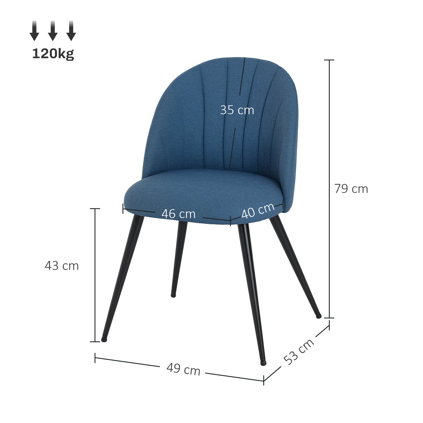 HOMCOM Velvet Dining Chairs Set of 2, Modern Upholstered, Metal Legs, Shell Backrest, Padded Seat for Dining Room, Bedroom, Living Room, Blue