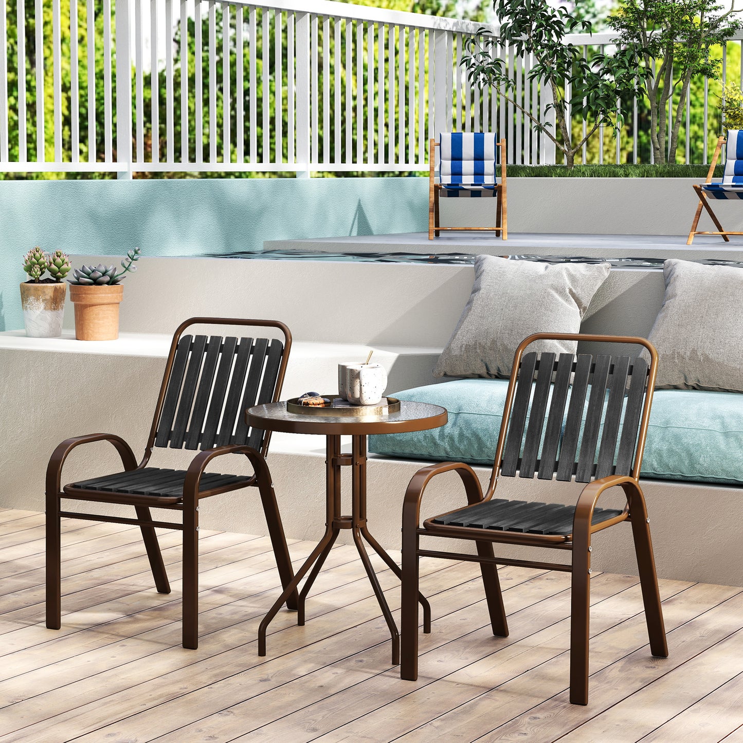 Outsunny 3 Pieces Patio Bistro Set with Stackable Chairs, Tempered Glass Table, for Outdoor, Balcony, Patio, Garden Charcoal Grey