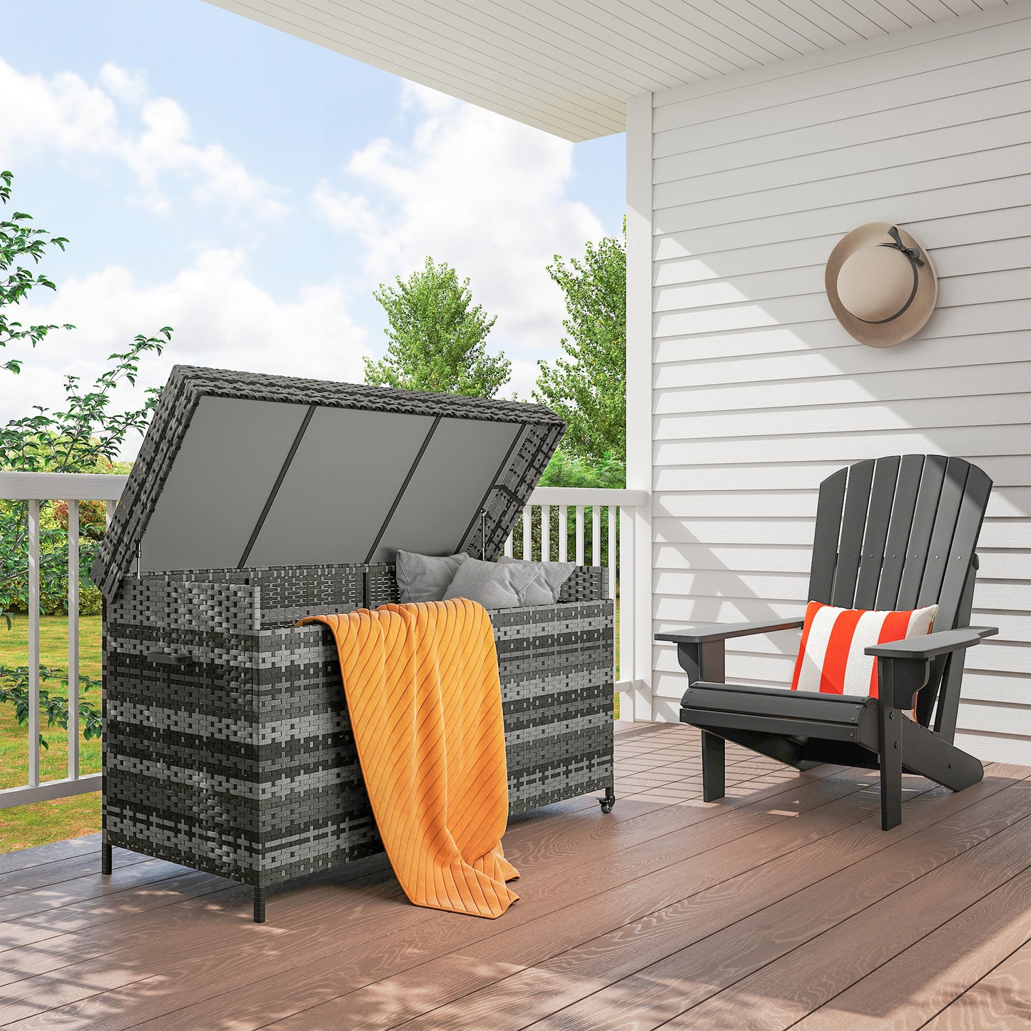 Outsunny 627L Rattan Garden Storage Box, Gas Lift Lid & Wheels, Outdoor Chest for Cushions, Pillows & Tools, Dark Grey