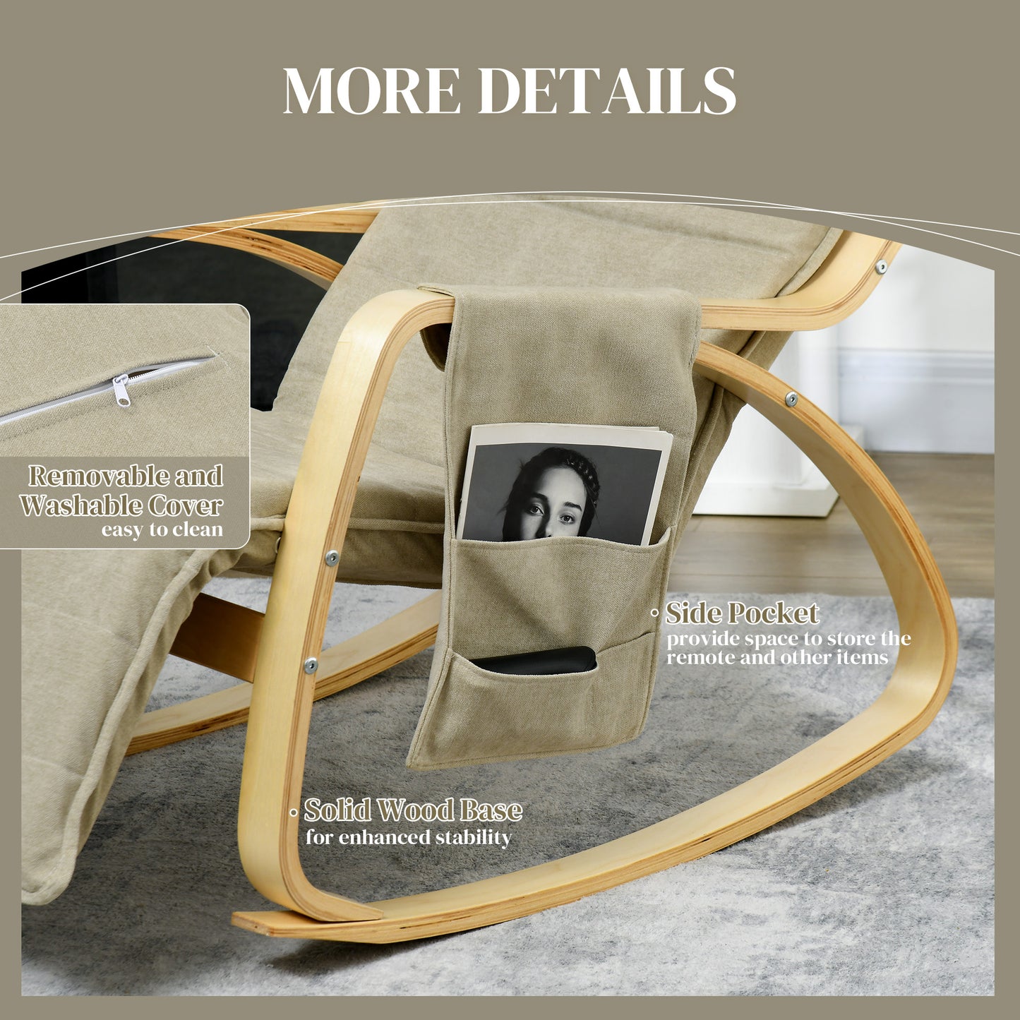 HOMCOM Rocking Lounge Chair Recliner Relaxation Lounging Relaxing Seat with Adjustable Footrest, Side Pocket and Pillow, Beige