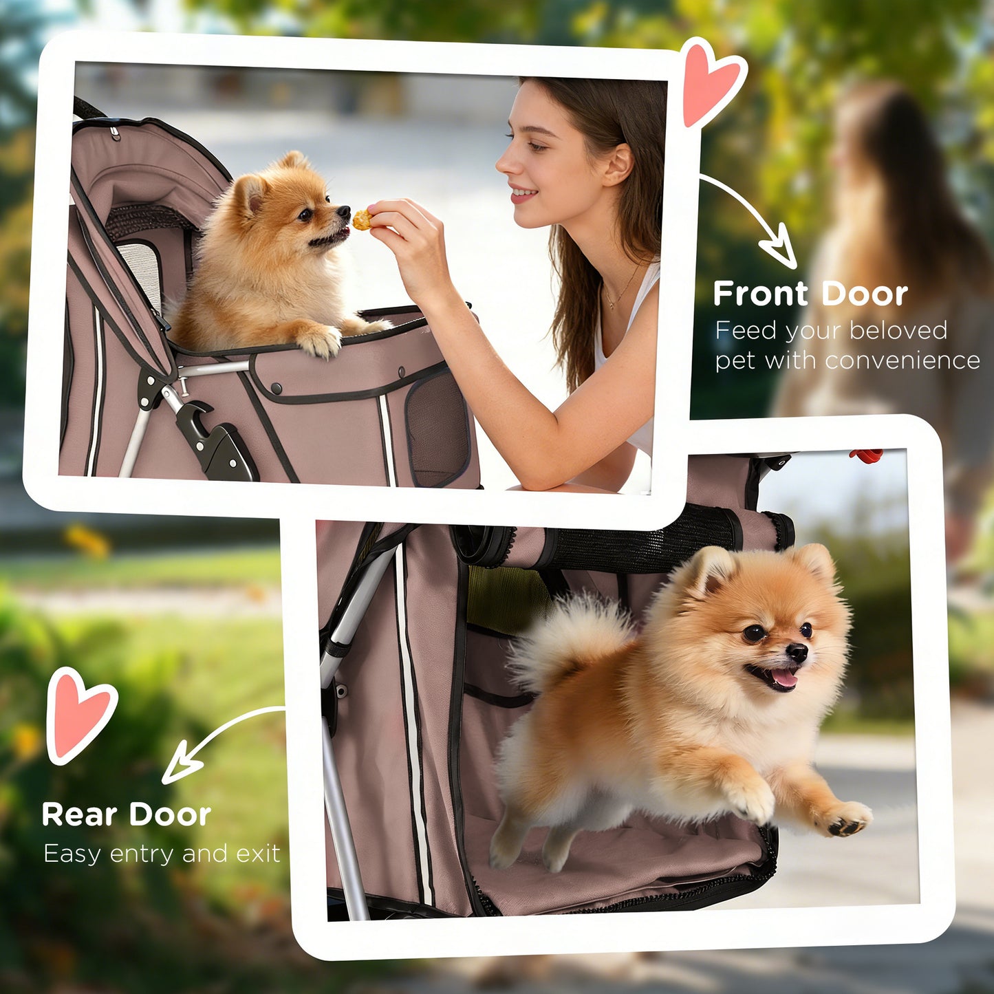 PawHut Dog Pram, Pet Stroller with Reflective Strips, Foldable Cat Stroller with 360° Swivel Wheels, Brown