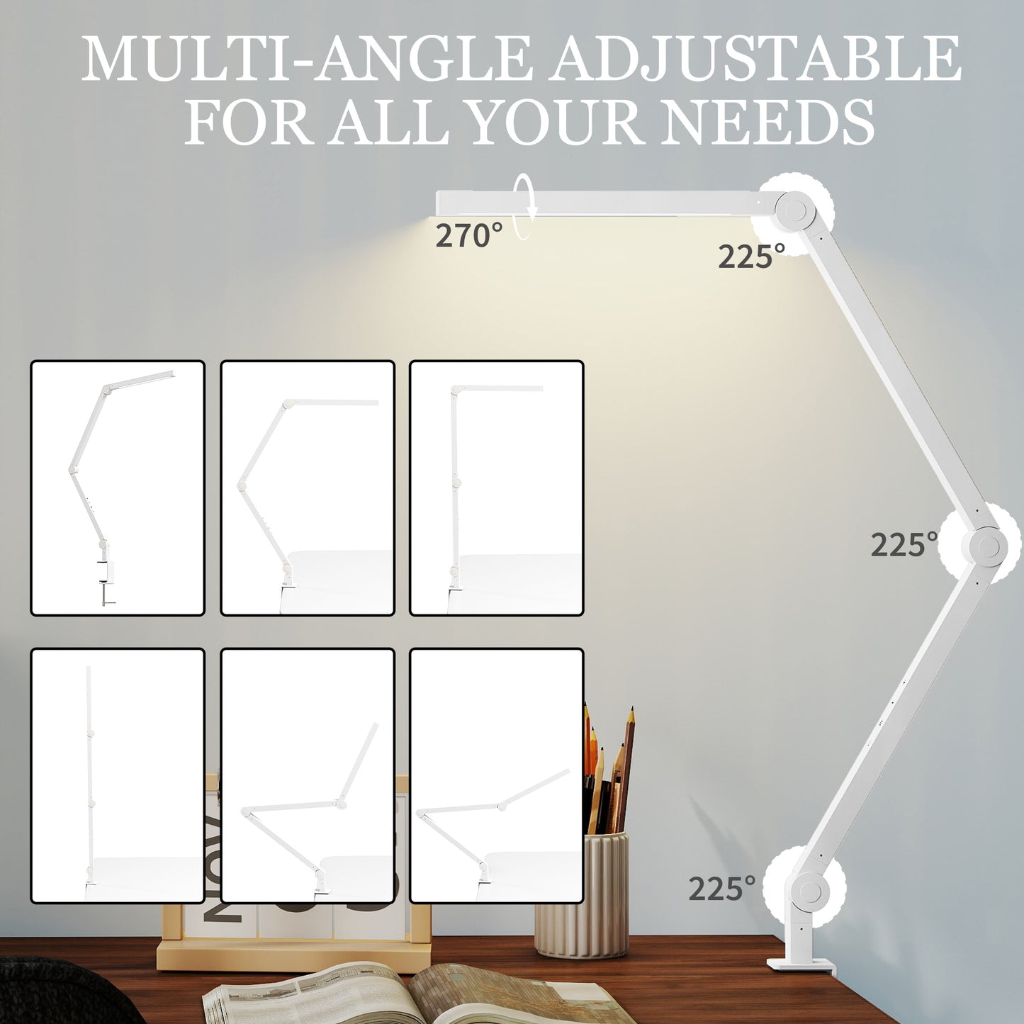 HOMCOM LED Desk Lamp, Dimmable with Swing Arm & Clamp, Adjustable Eye-Caring Light, 2 Colors & 5 Brightness Levels for Office, Study, Task, White