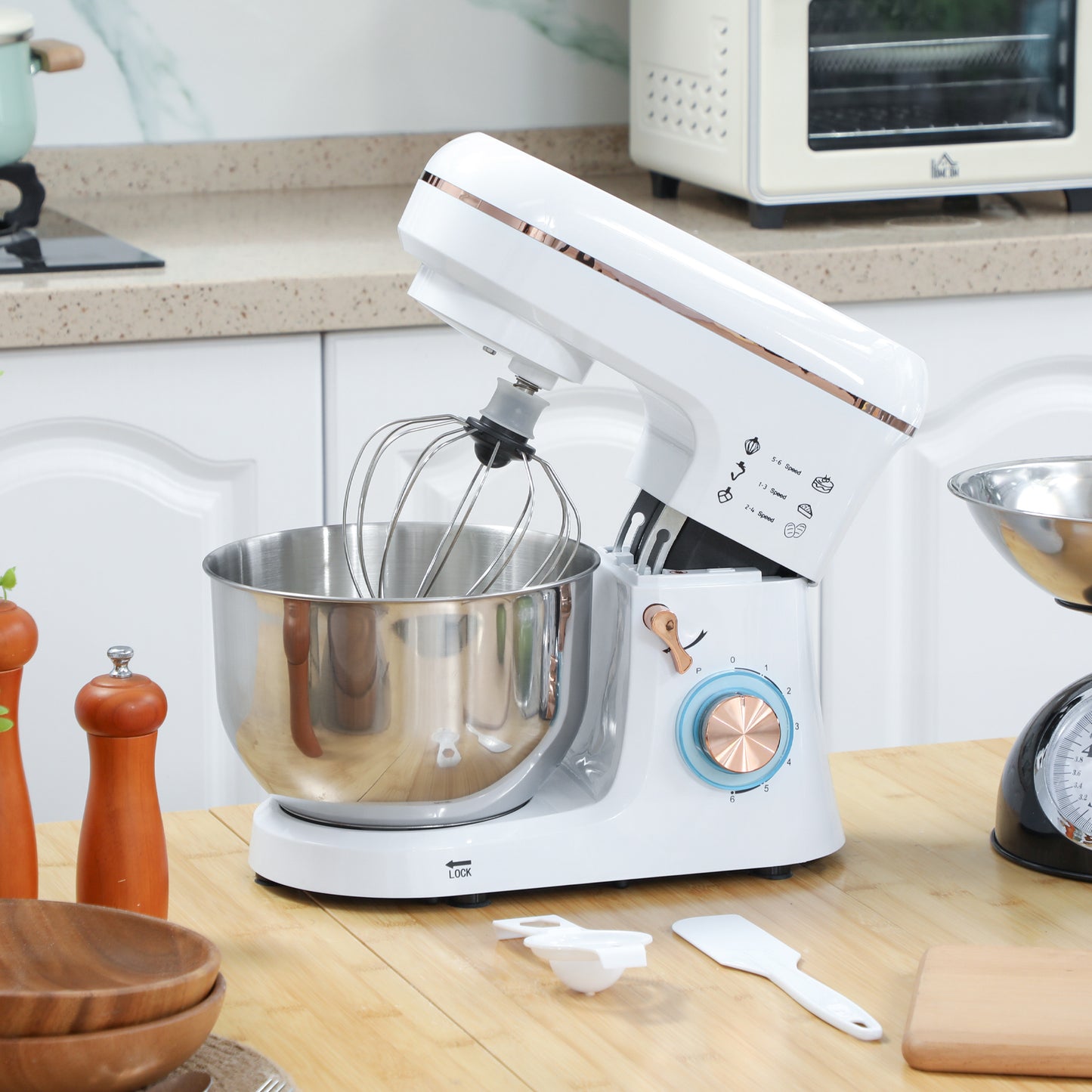 HOMCOM Stand Mixer, 5L, 1400W, 6 Speeds, Pulse, Hook, Whisk, Stainless Bowl, Splash Guard, Beater, White
