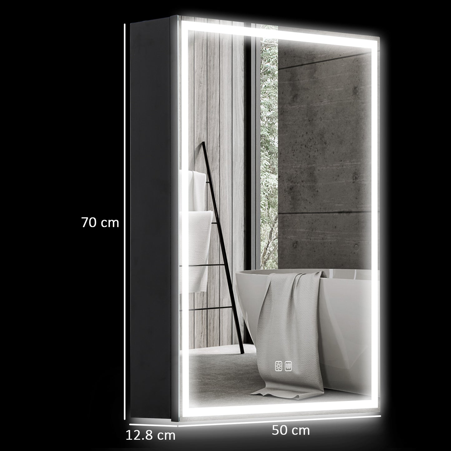 HOMCOM Black LED Bathroom Mirror Cabinet, 500x700 mm, Demister Pad, Dimmer, 3 Colours, Shaver Socket