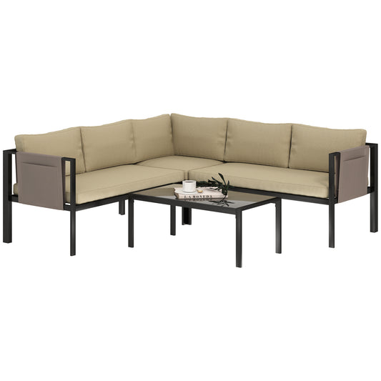 Outsunny 4 Pc Metal Garden Furniture Set w/ Glass Coffee Table, Mesh Pocket, Sofa Loveseat, Padded Cushions, Khaki