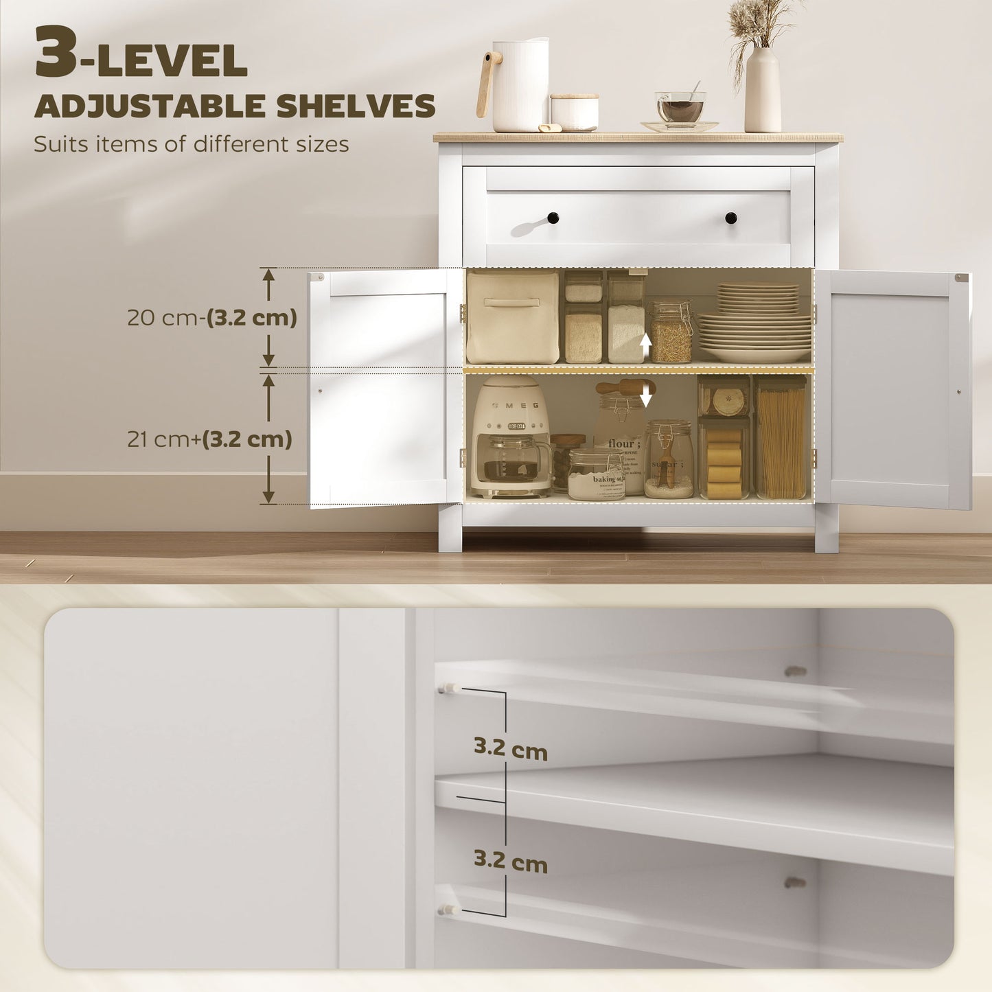 HOMCOM Sideboard Storage Cabinet, Modern Kitchen Cupboard with Adjustable Shelf, Drawer, Double Doors for Living Room, Dining Room, Hallway, White