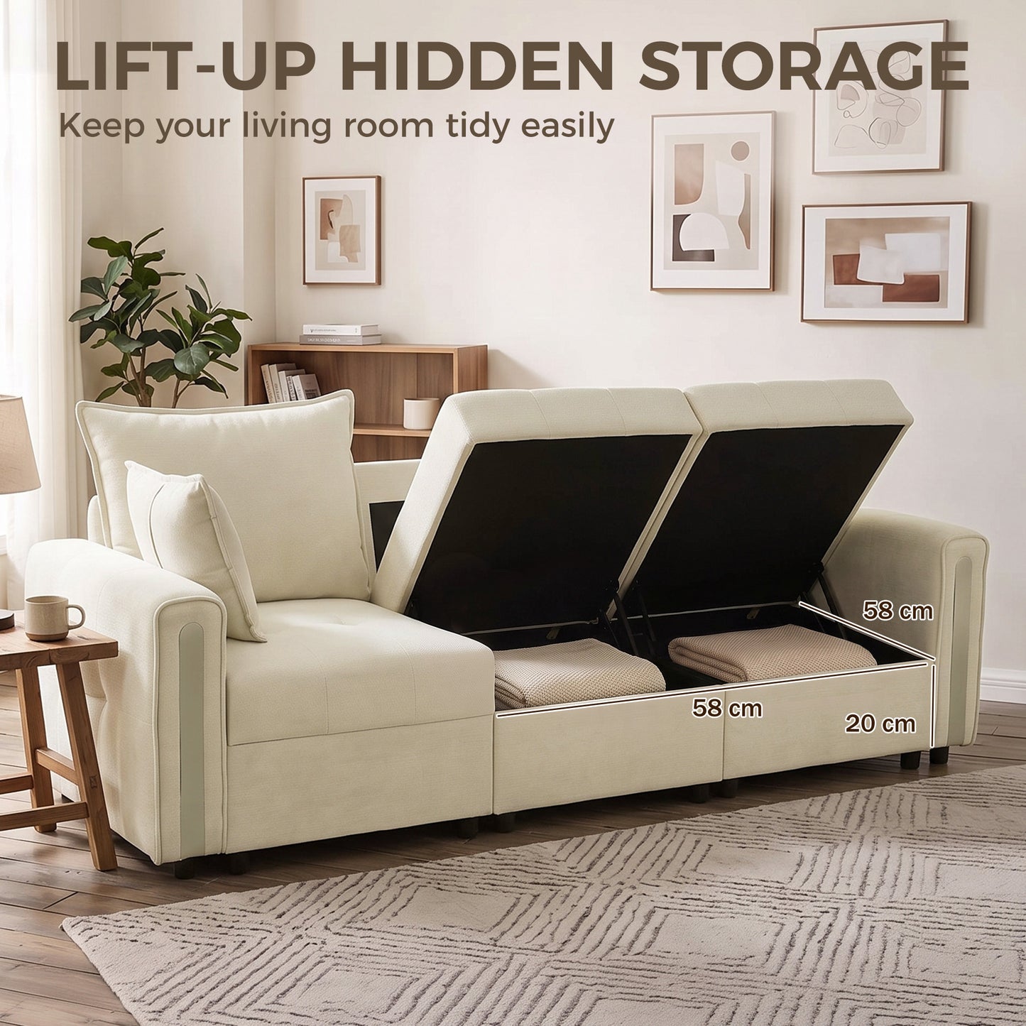 HOMCOM 3 Seater Sofa with Lift-Up Storage, 228cm Comfy Velvet Couch with Wide Deep Seat, Beige