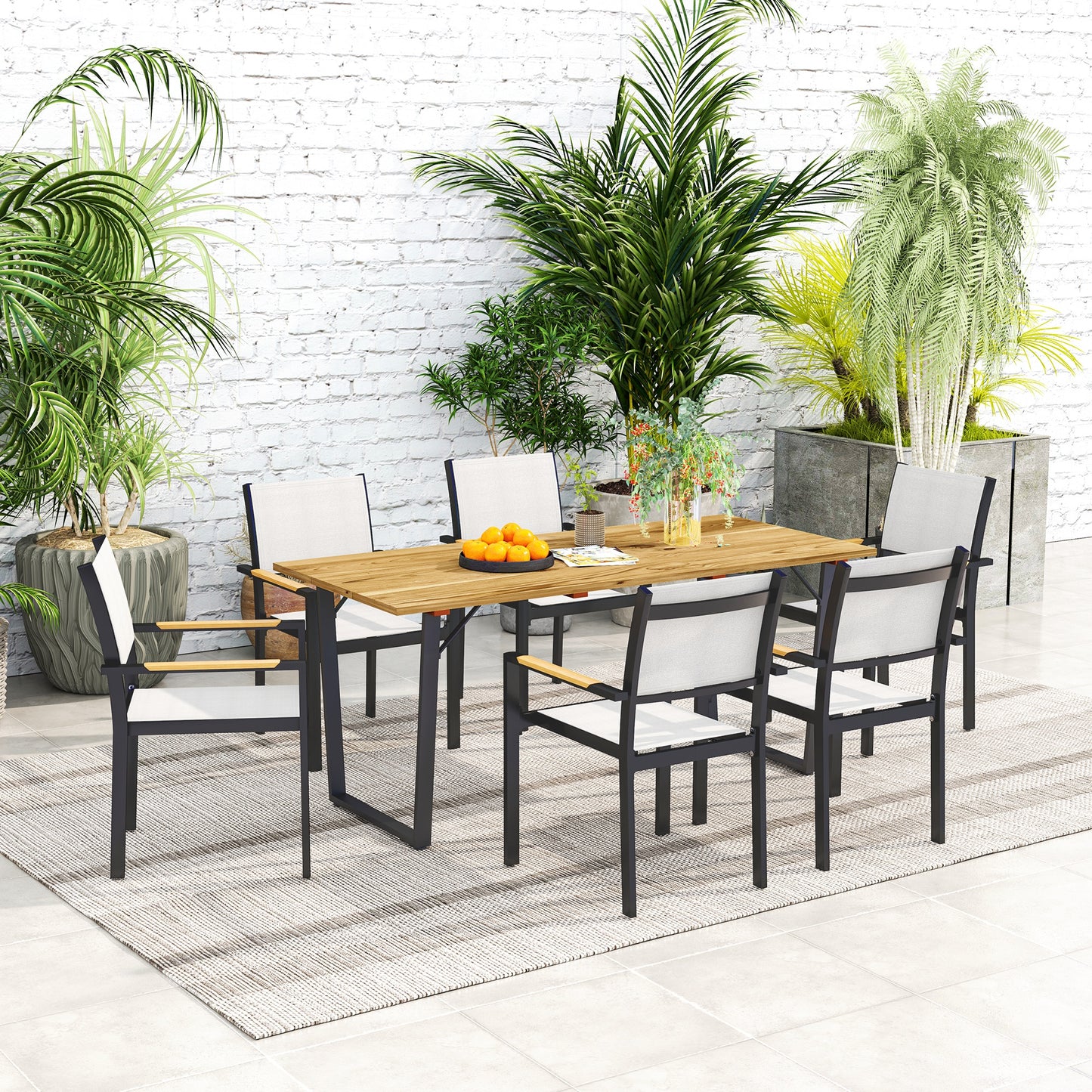 Outsunny Patio Table, 175x80cm Rectangle, Slatted Top, Parasol Hole, Weather-Resistant Fir Wood for Balcony/Terrace, Brown