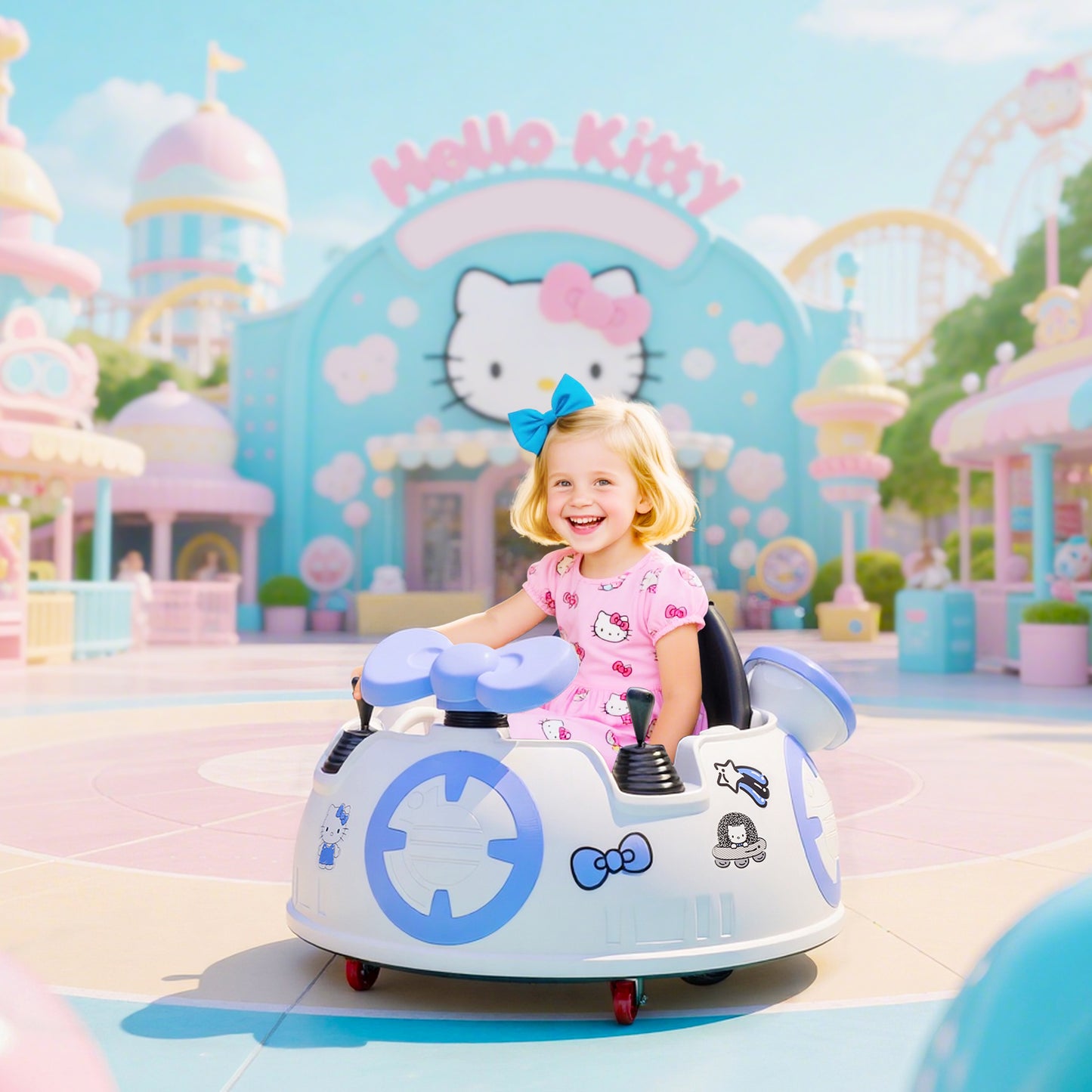 AIYAPLAY Hello Kitty Kids Ride on Bumper Car with Remote Control, Two Joysticks, Music, Lights, Safety Belt, White