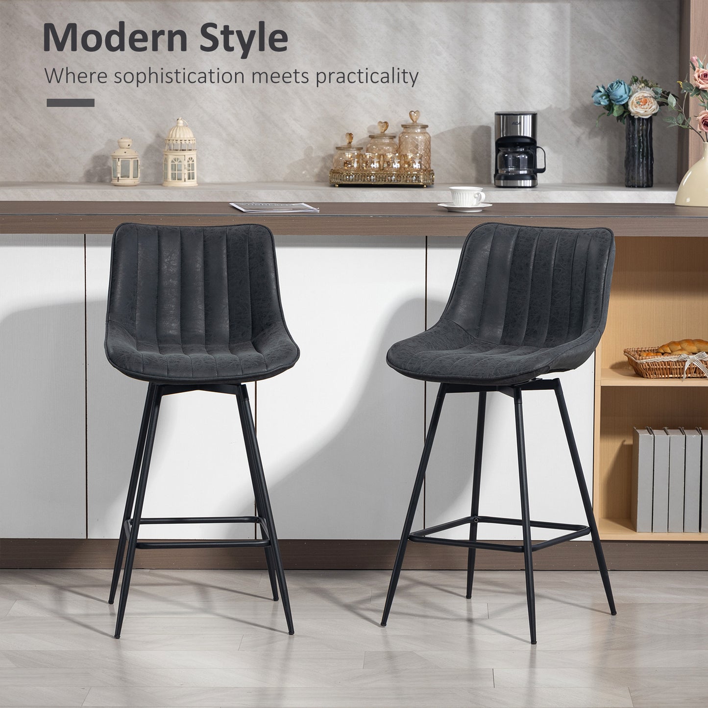 HOMCOM Set of 2 PU Leather Swivel Bar Stools - Black