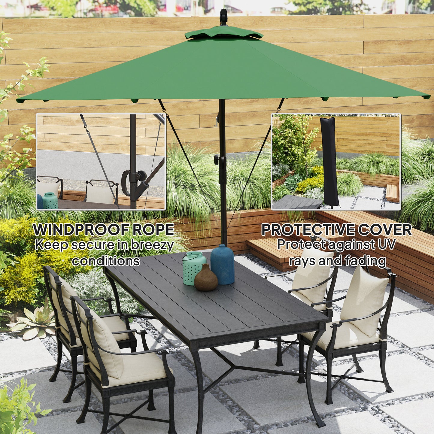 Outsunny Garden Cantilever Parasol with Cover & Wind Strap, Round Umbrella with Crank & Tilt, UPF50+ Patio Sun Shade, Green