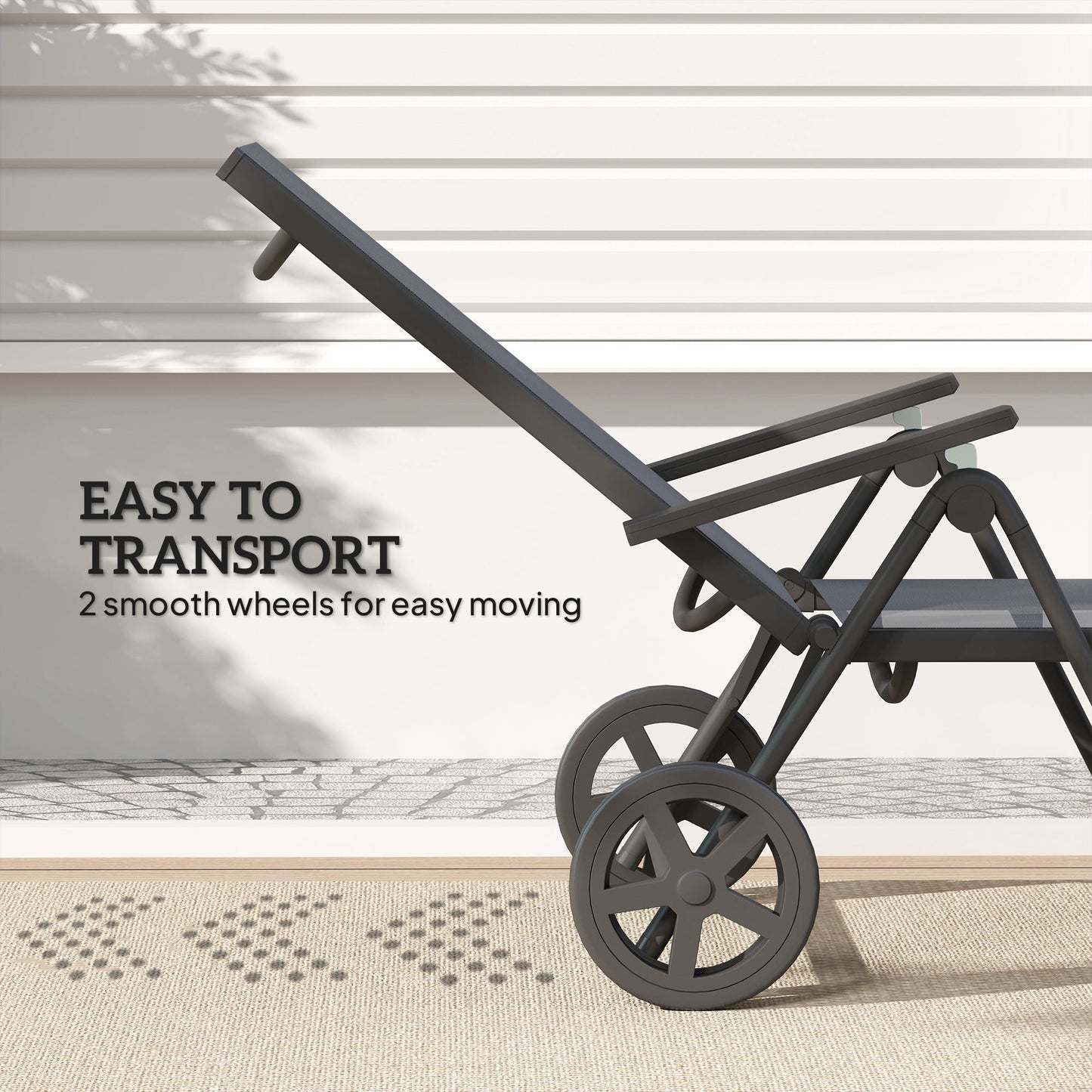 Outsunny Folding Sun Lounger with Wheels, 5-Position Adjustable Reclining Chair, Metal Frame, Armrests, Portable for Beach/Porch, Grey