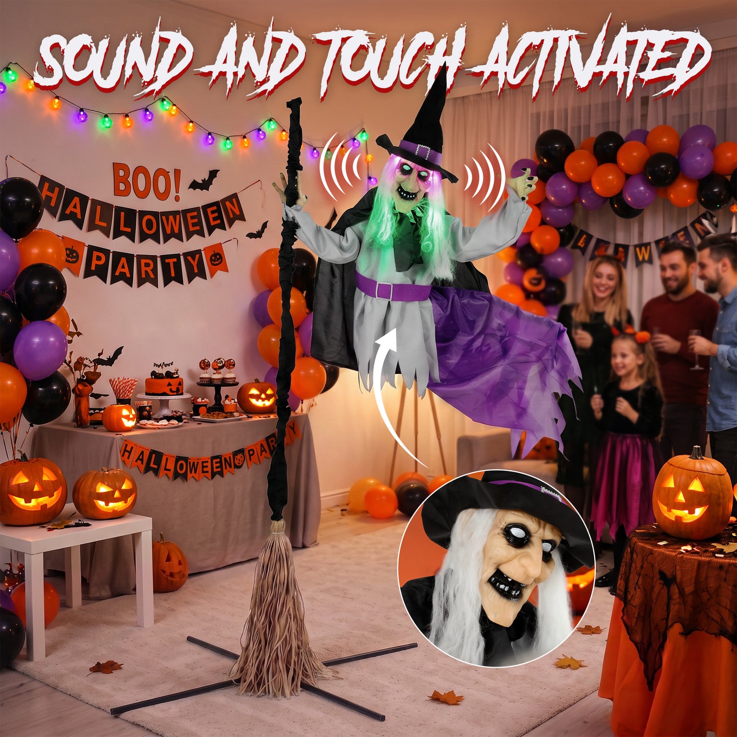 HOMCOM 200cm Life Size Animated Flying Witch Halloween Decorations Outdoor Indoor, Scary Halloween Animatronics Decor