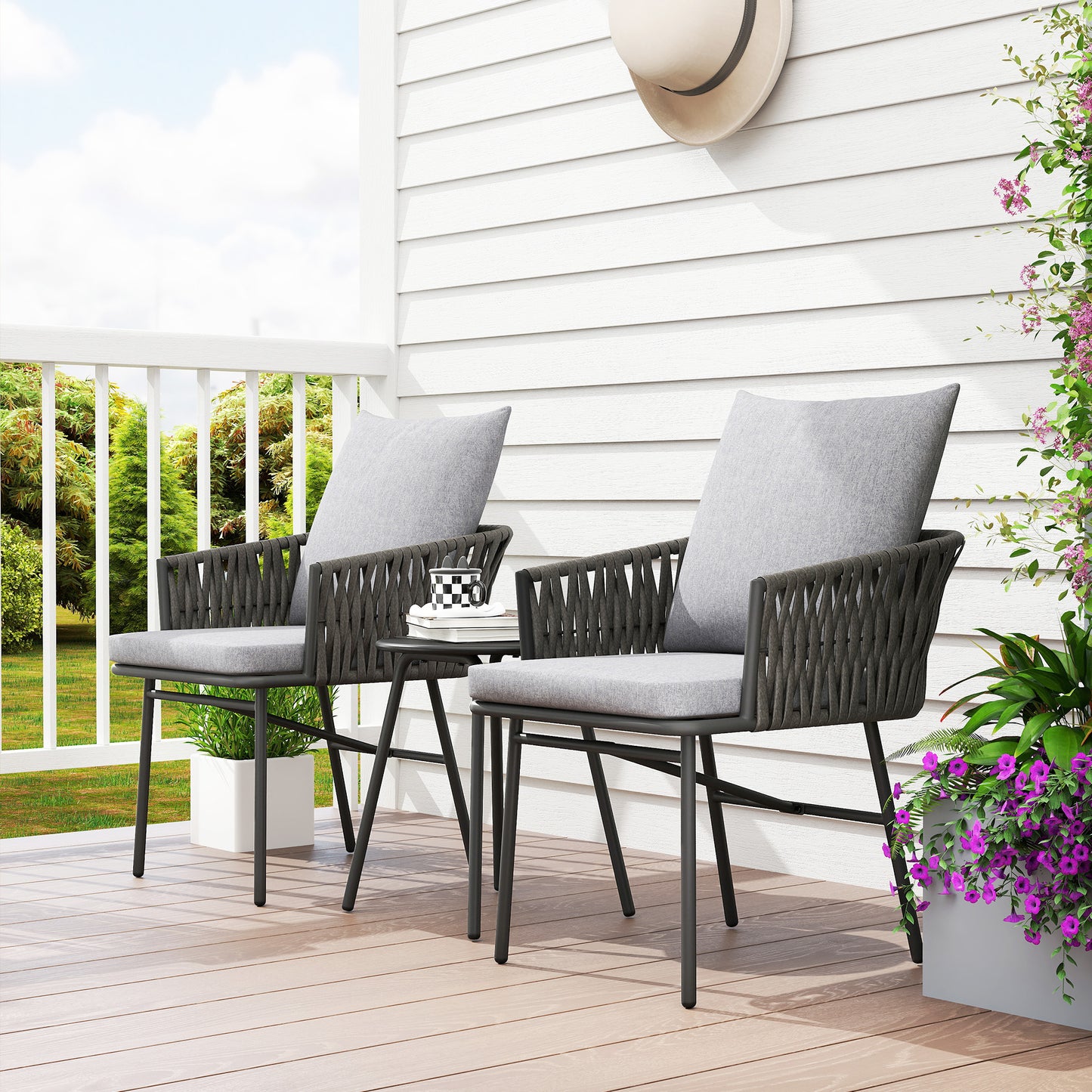 Outsunny 3-Piece Rattan Bistro Set, Garden Table and Chairs with 4 Cushions, Patio Rattan Conversation Furniture Set for Balcony, Porch, Terrace, Grey