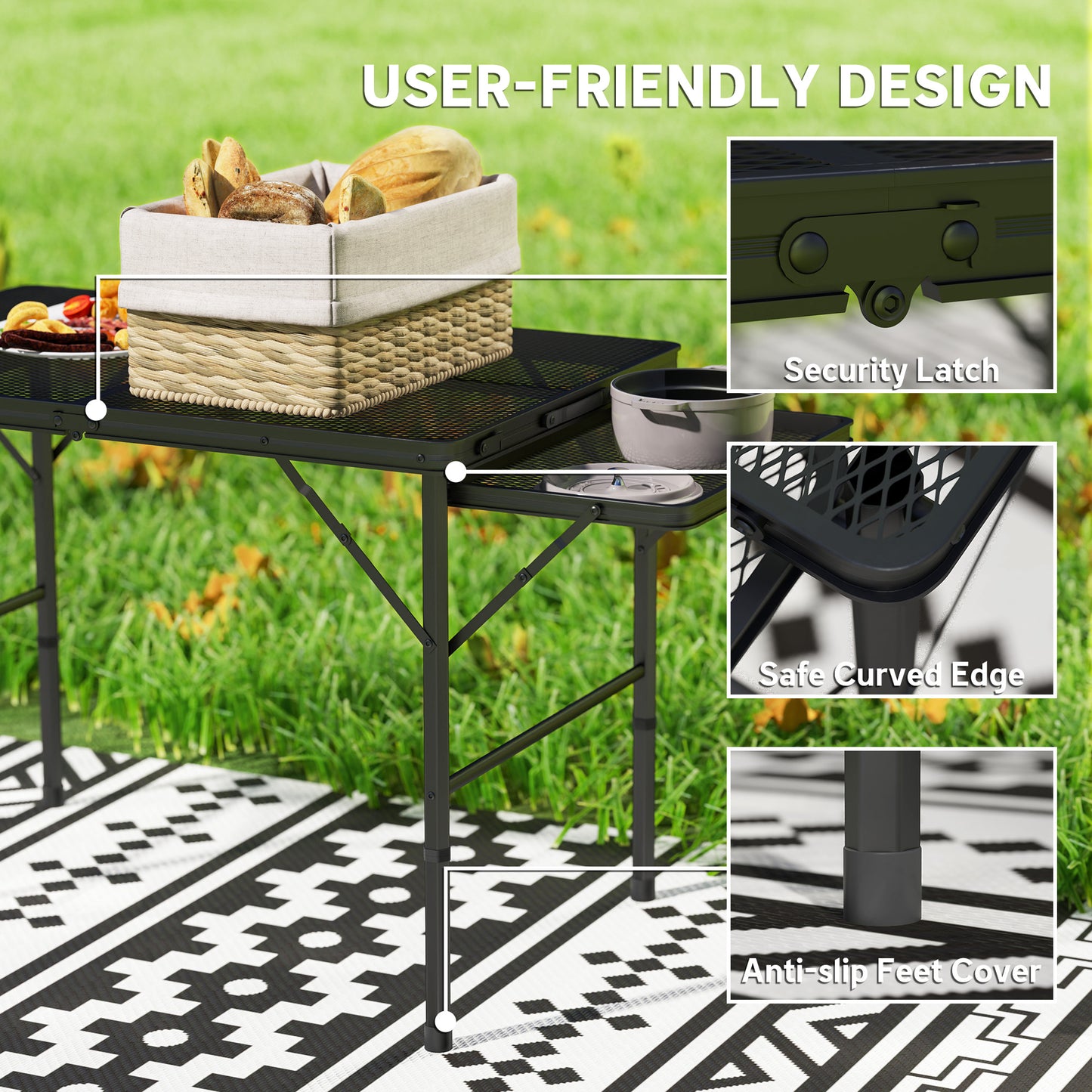 Outsunny Folding Grill Table, 4.5ft Portable Camping Table with 2 Wing Panels, Height Adjustable Metal Picnic Table for BBQ, Black