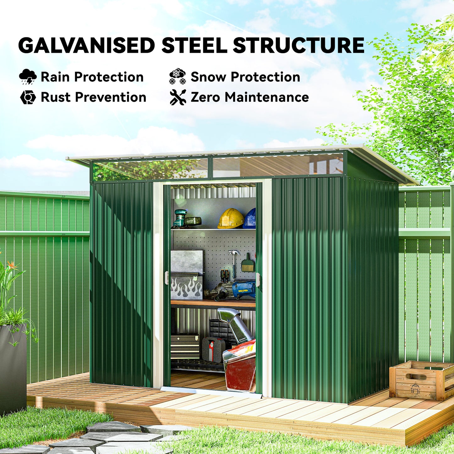 Outsunny Pent Roofed Metal Garden Shed House Hut Gardening Tool Storage w/ Ventilation 260L x 133W x 200Hcm