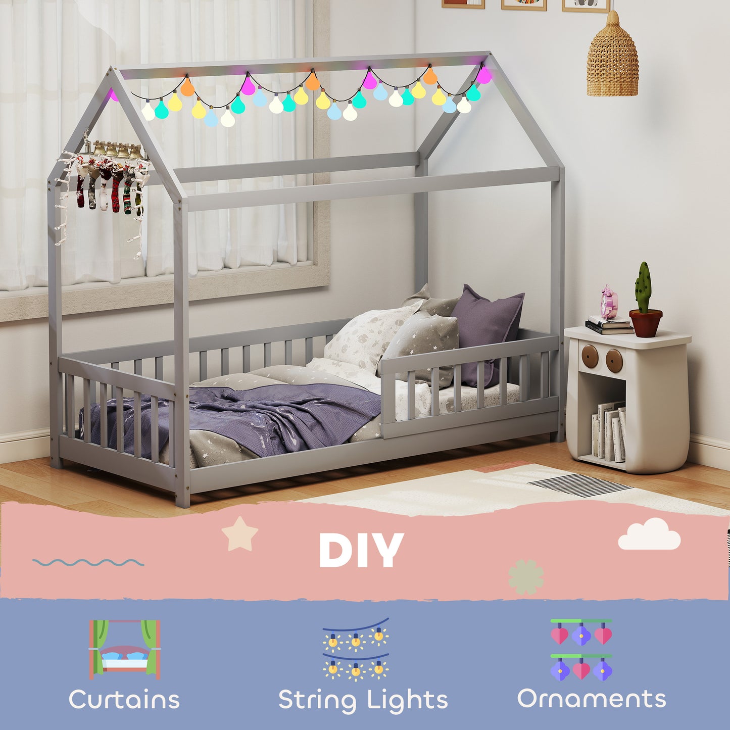 HOMCOM House-Shaped Kids Bed Frame with Guard Rails, Solid Pine Wood Single Bed Frame for Kids Boys and Girls, Grey