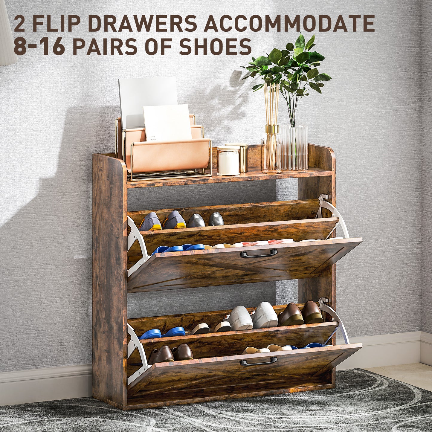 HOMCOM Two Flip Drawer Narrow Shoe Cabinet with Adjustable Shelves - Rustic Brown