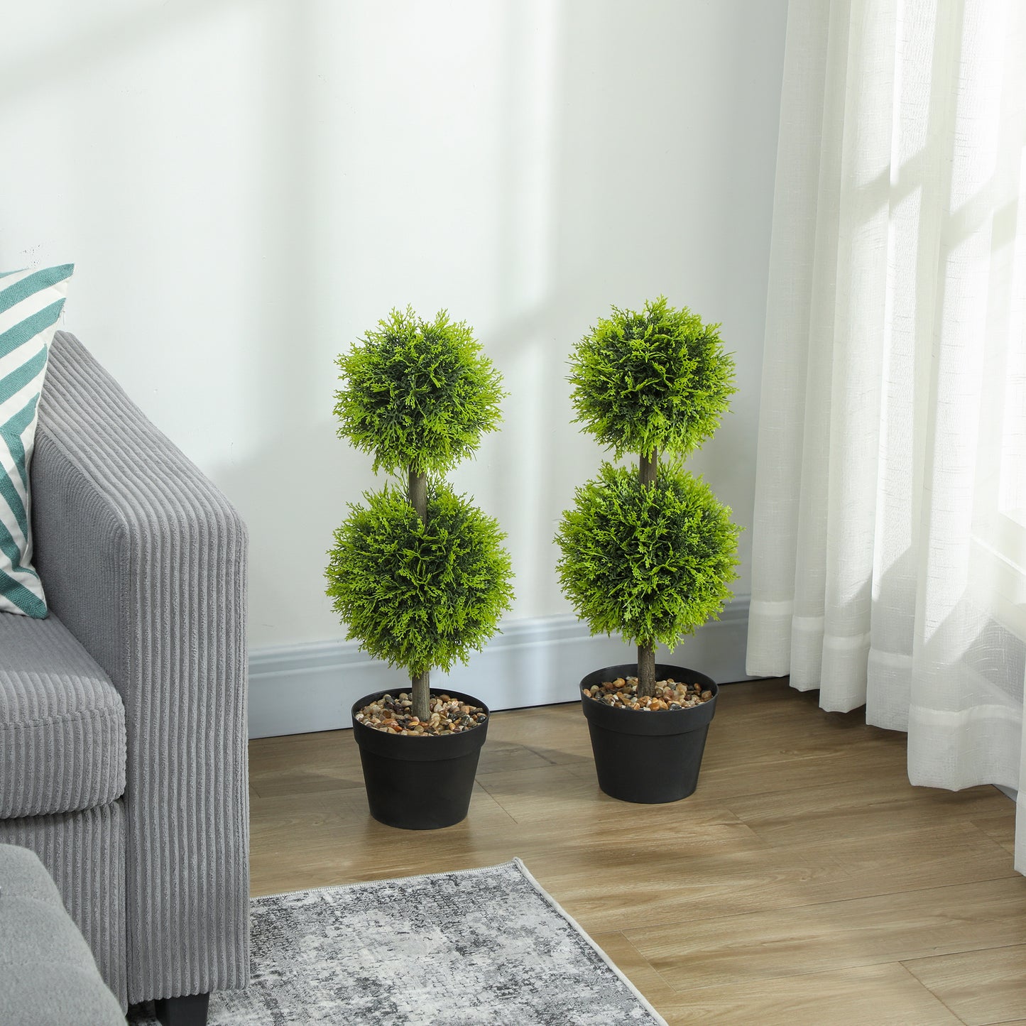 HOMCOM Set of 2 Decorative Artificial Plants, 60cm Faux Topiary Cypress Ball Trees with Pot and Pebbles, Fake Plants for Decor, Green