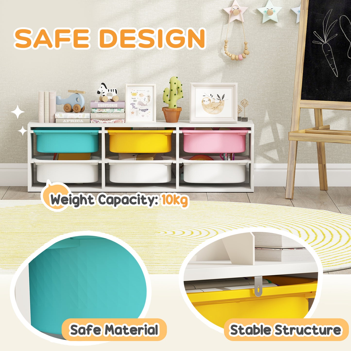 AIYAPLAY Low Height 2 Tiers Storage Organiser, Kids Toy Storage Unit with 6 Removable Bins for Bedroom, Nursery, Playroom
