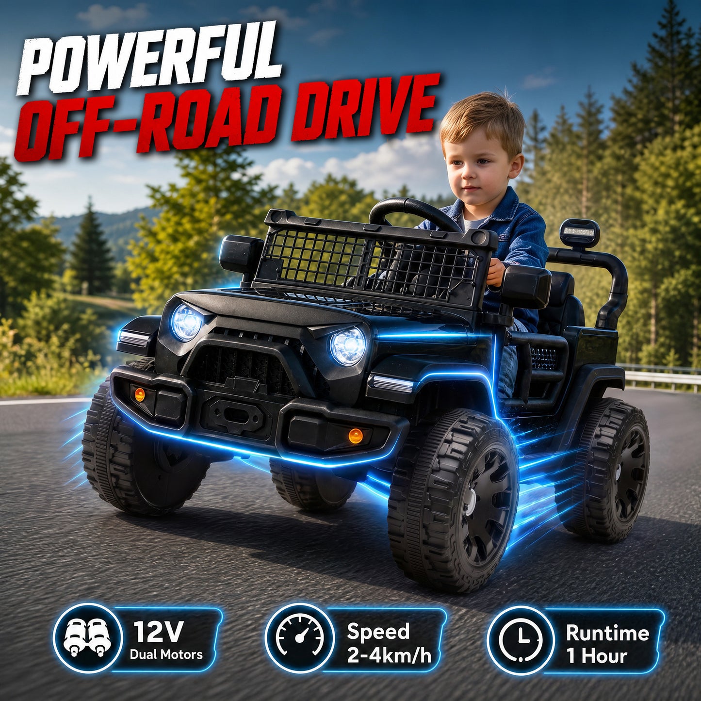 AIYAPLAY 12V Electric Car for Kids with Remote, Dual Motors, Rear Suspension, Soft Start, Music, Lights for 3-8 Years, Black