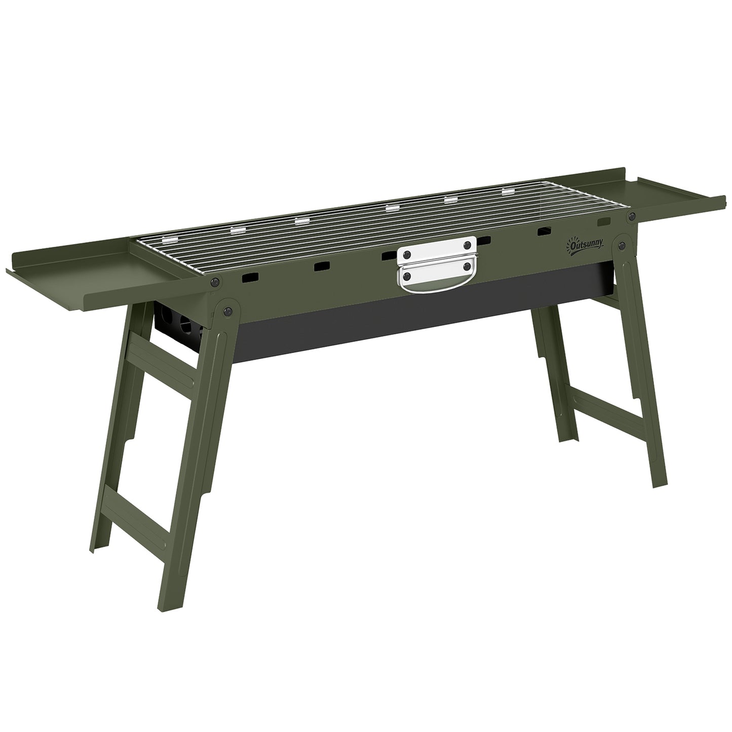 Outsunny Portable BBQ Grill, Foldable Charcoal Grill for Camping and Picnics with 2 Side Shelves and Handle, Green