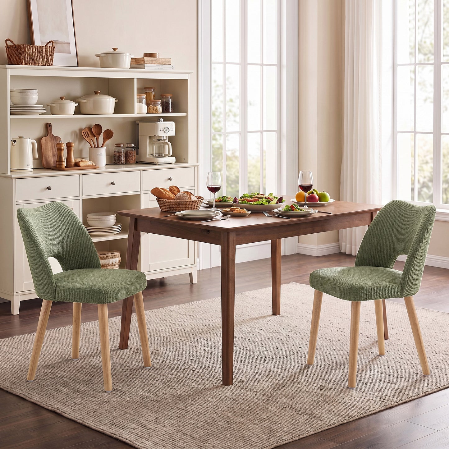 HOMCOM Dining Chairs Set Upholstered Kitchen Chenille Tool Free Assembly Rubberwood Legs, Green