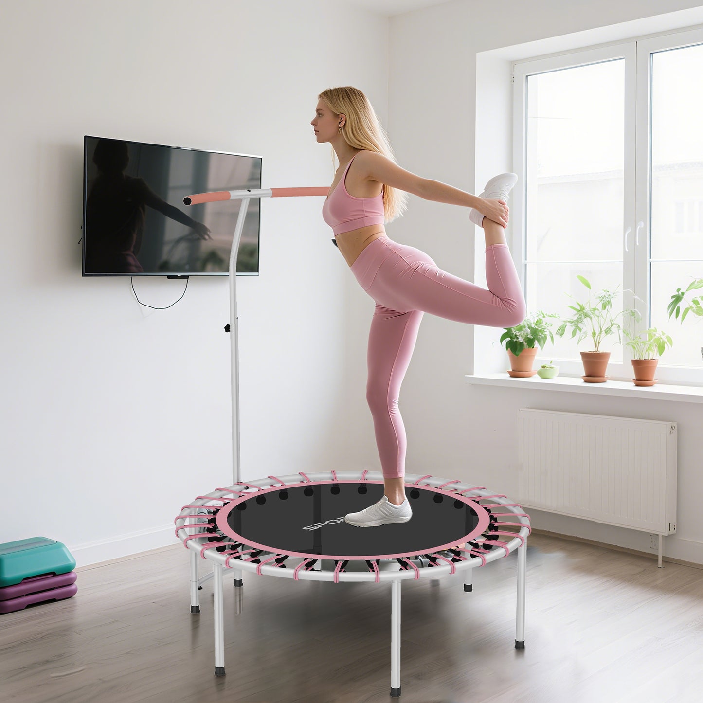 SPORTNOW 40" Fitness Trampoline, Mini Rebounder for Adults with 5-Level Adjustable Handle, Indoor Bungee, Max Load 100KG, Pink