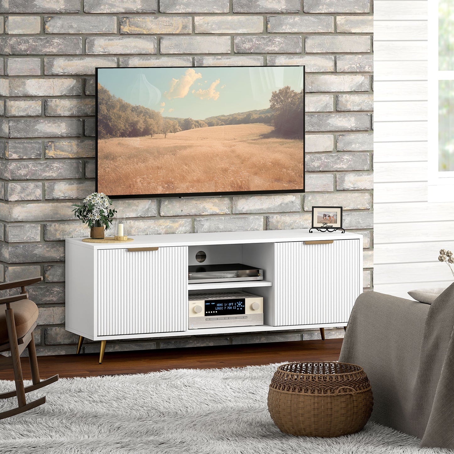 HOMCOM Modern TV Stand, 2 Open Shelves & 2 Cabinets for TVs up to 55", White
