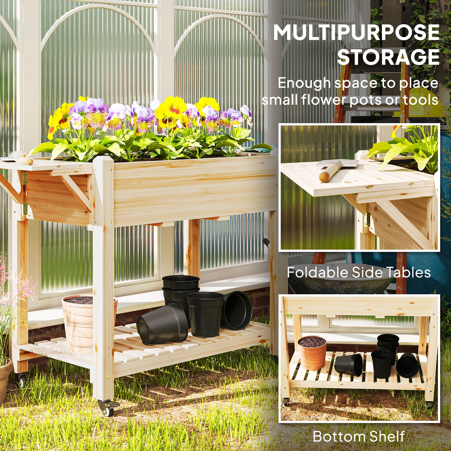 Outsunny Raised Garden Bed, Wooden Planter Box with Wheels, Side Tables, Shelf, Liner & Drainage Holes