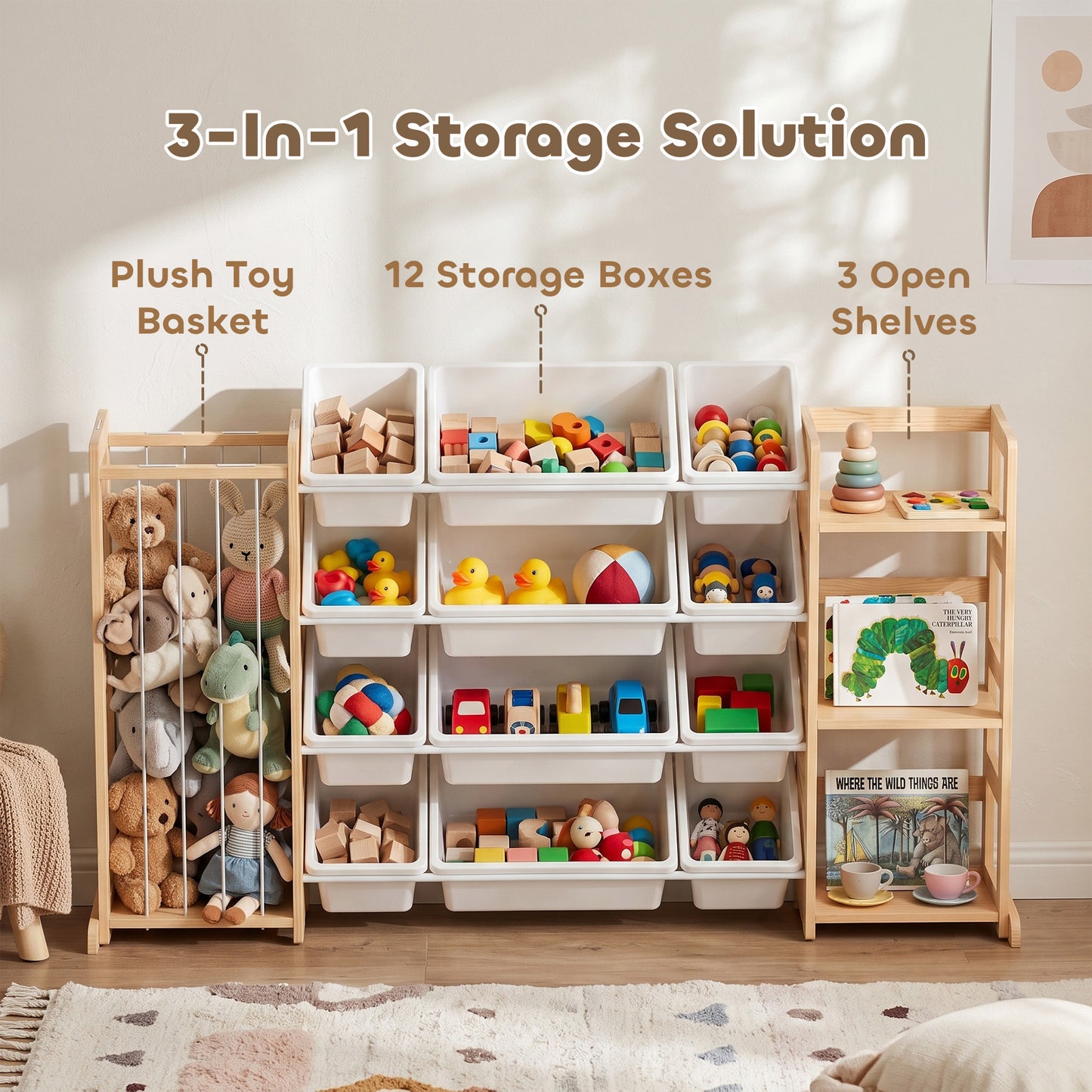 AIYAPLAY Wooden Toy Storage Unit with Stuffed Animal Storage, Bookshelf and 12 Bins for Kids Rooms, Bedroom, Playroom, Nursery