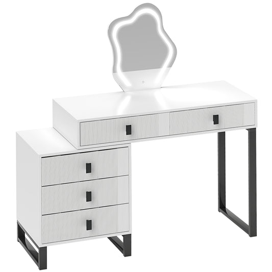 HOMCOM LED Lighted Dressing Table with Leaf Shape Mirror, Modern Vanity Desk with 5 Drawers, Makeup Desk with Fluted Panels, White