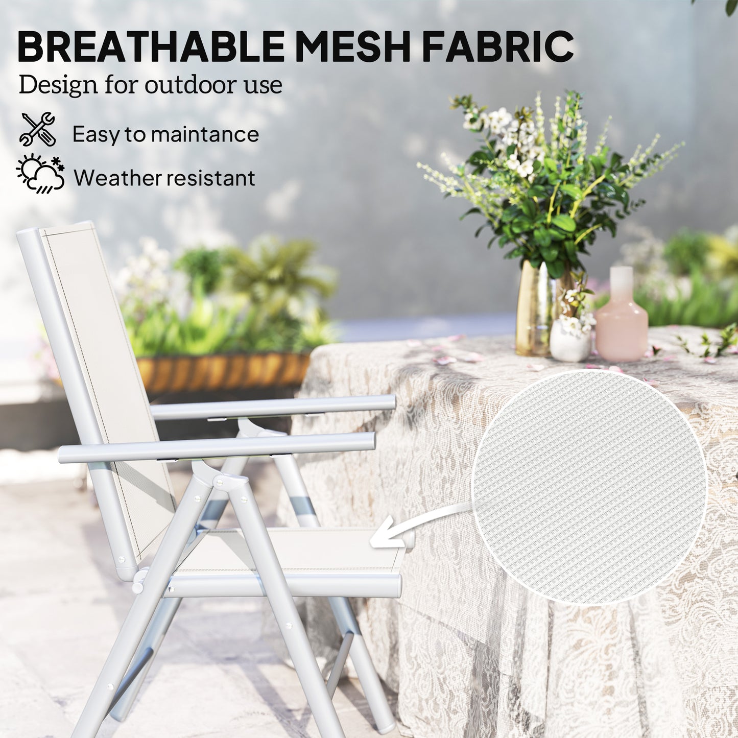 Outsunny Set of 2 Folding Aluminium Camping Chairs, Breathable Mesh, Armrests, Light Grey